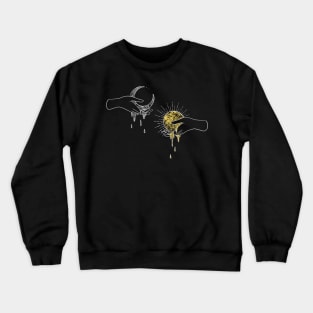 Moon and Sun. Celestial illustration of hands holding a dripping moon and sun Crewneck Sweatshirt